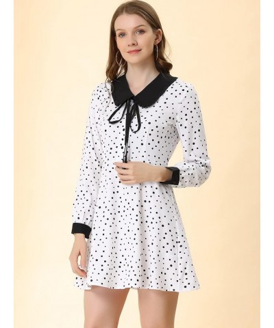 Women's Polka Dots Tie Neck Retro Vintage Contrast Peter Pan Collar Dress White $20.25 Dresses