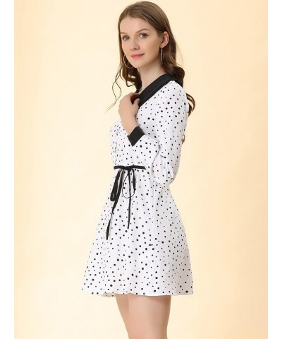 Women's Polka Dots Tie Neck Retro Vintage Contrast Peter Pan Collar Dress White $20.25 Dresses