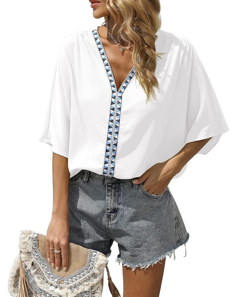 Women Short Sleeve V Neck Soft Chiffon Blouse White $14.83 Blouses