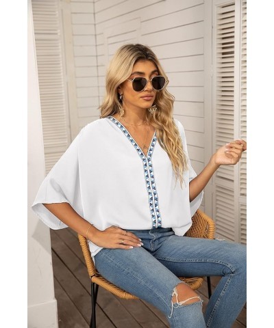 Women Short Sleeve V Neck Soft Chiffon Blouse White $14.83 Blouses