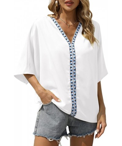 Women Short Sleeve V Neck Soft Chiffon Blouse White $14.83 Blouses