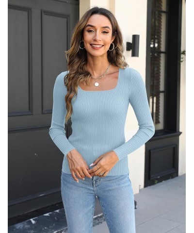 Womens Long Sleeve Square Neck T Shirts 2023 Slim Fitted Ribbed Knit Casual Solid Tee Tops A Sky Blue $9.87 T-Shirts