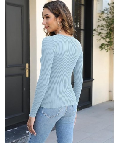 Womens Long Sleeve Square Neck T Shirts 2023 Slim Fitted Ribbed Knit Casual Solid Tee Tops A Sky Blue $9.87 T-Shirts