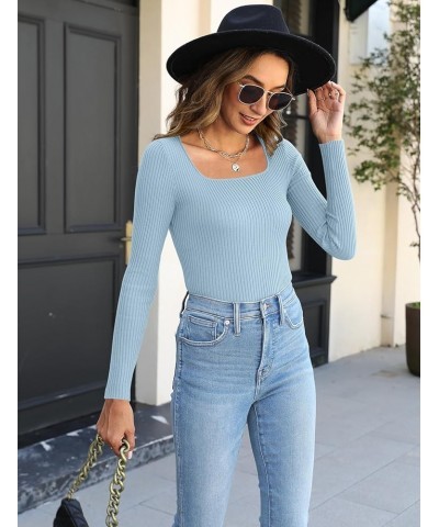 Womens Long Sleeve Square Neck T Shirts 2023 Slim Fitted Ribbed Knit Casual Solid Tee Tops A Sky Blue $9.87 T-Shirts