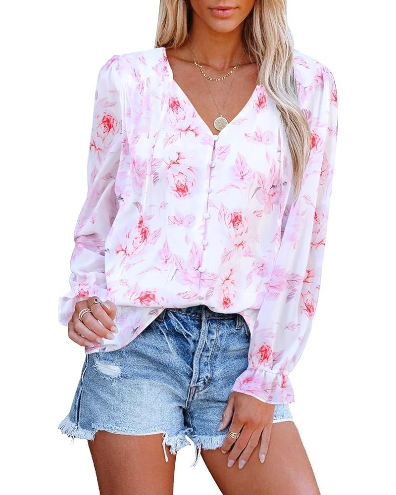 Womens Casual Boho Floral Chiffon V Neck Long Sleeve Loose Blouses Shirts Button Down Dressy Loose Ruffle Tops S White Pink $...