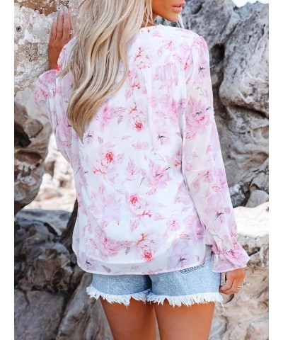 Womens Casual Boho Floral Chiffon V Neck Long Sleeve Loose Blouses Shirts Button Down Dressy Loose Ruffle Tops S White Pink $...