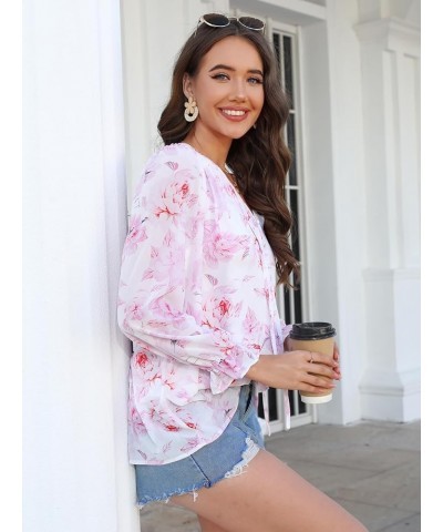 Womens Casual Boho Floral Chiffon V Neck Long Sleeve Loose Blouses Shirts Button Down Dressy Loose Ruffle Tops S White Pink $...