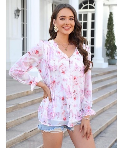 Womens Casual Boho Floral Chiffon V Neck Long Sleeve Loose Blouses Shirts Button Down Dressy Loose Ruffle Tops S White Pink $...