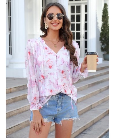 Womens Casual Boho Floral Chiffon V Neck Long Sleeve Loose Blouses Shirts Button Down Dressy Loose Ruffle Tops S White Pink $...