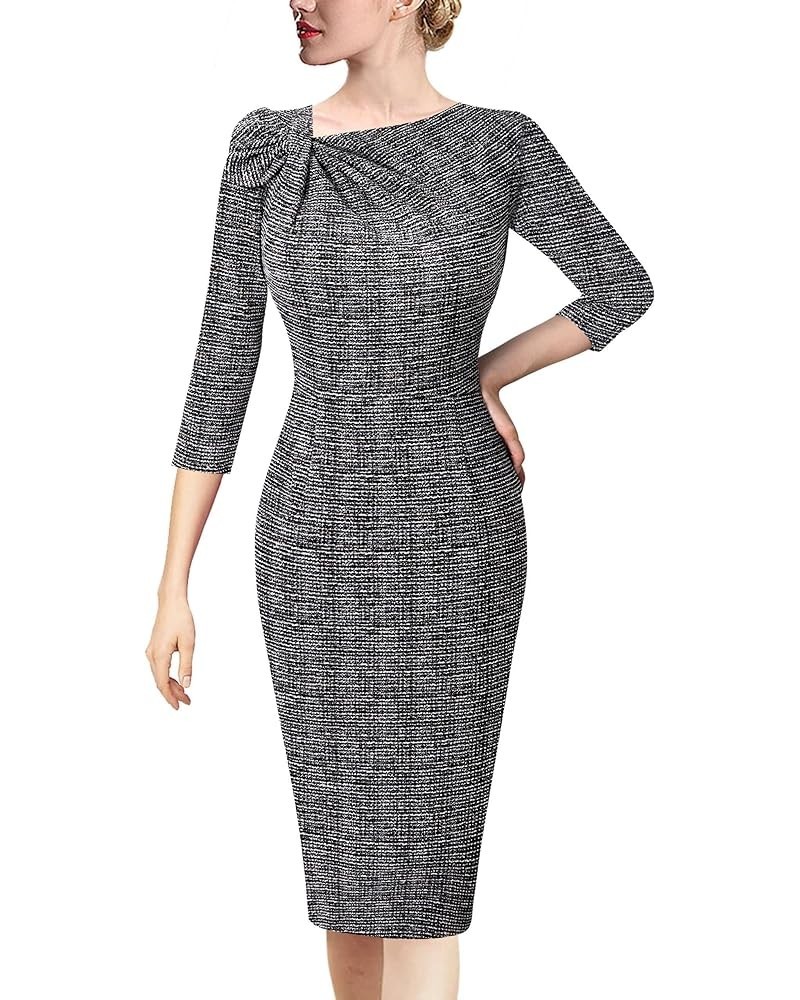 Womens Pleated Asymmetric Bow Neck Work Cocktail Party Sheath Dress Black Tweed $24.29 Dresses