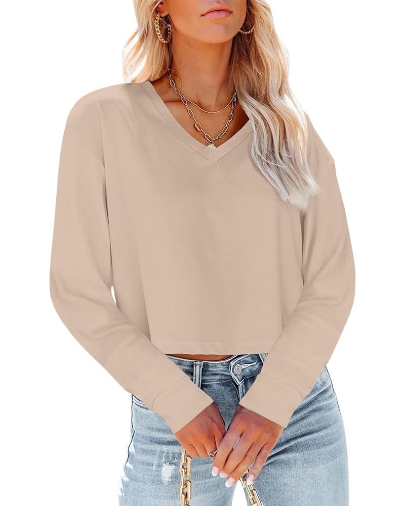 Womens V Neck Cropped T Shirts Casual Summer Crop Tops Half Sleeve Solid Color Crop Baisc Tees A-khaki $10.25 Tops