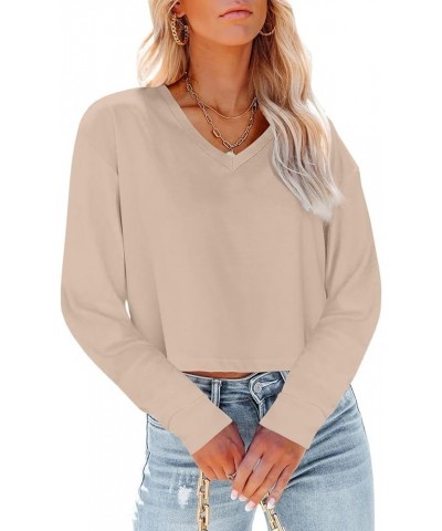 Womens V Neck Cropped T Shirts Casual Summer Crop Tops Half Sleeve Solid Color Crop Baisc Tees A-khaki $10.25 Tops