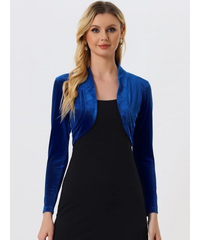 Women's Long Sleeve Velvet Shrug Cocktail Party Open Front Cropped Bolero Cardigan Top Royal Blue $22.41 Sweaters