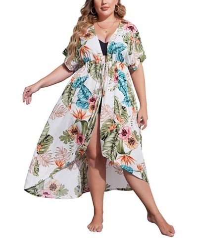 Women Plus Size Long Cover up Stripe Bikini Coverups Kimono Tie Front Bathing Suit Swimsuit Beachwear Floral 3 $14.76 Swimsuits