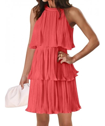 Women's 2024 Summer Halter Dresses Sleeveless Ruffle Tiered Layered Chiffon Pleated A Line Swing Mini Dress Coral $19.68 Dresses