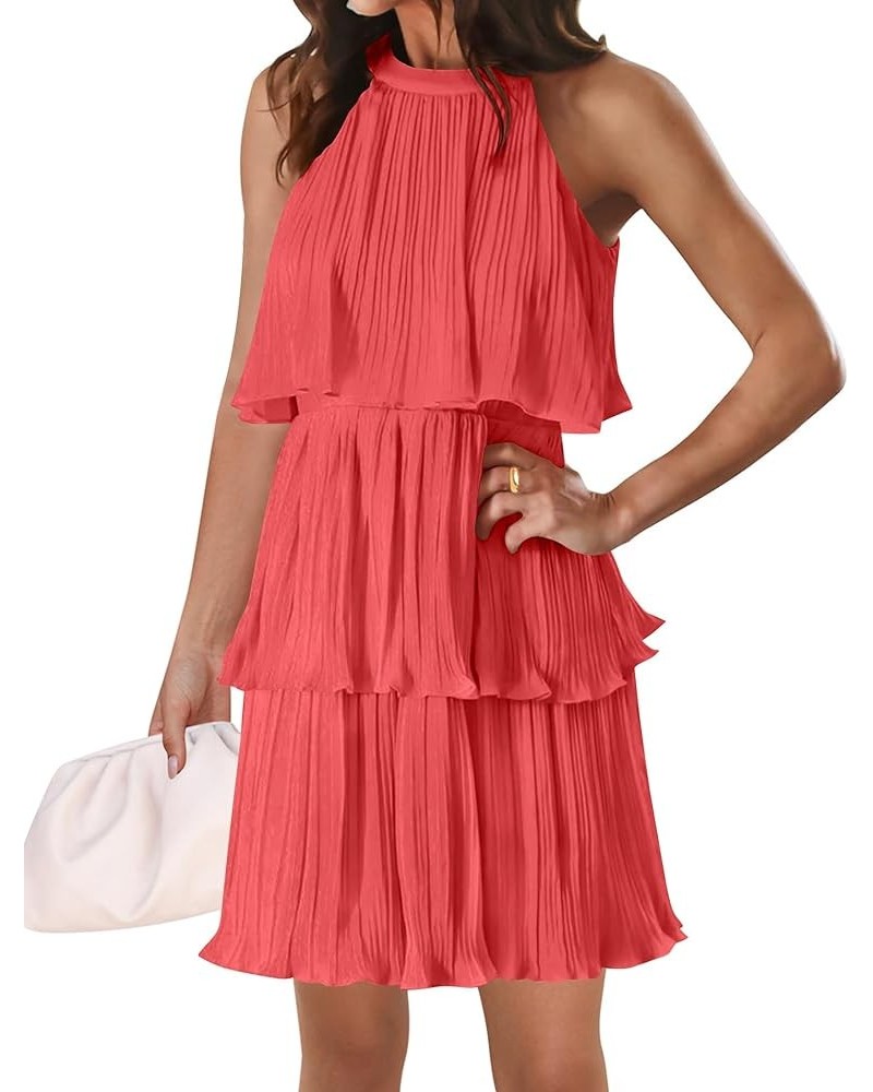 Women's 2024 Summer Halter Dresses Sleeveless Ruffle Tiered Layered Chiffon Pleated A Line Swing Mini Dress Coral $19.68 Dresses