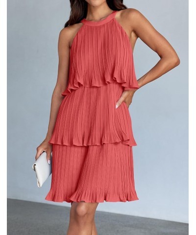 Women's 2024 Summer Halter Dresses Sleeveless Ruffle Tiered Layered Chiffon Pleated A Line Swing Mini Dress Coral $19.68 Dresses