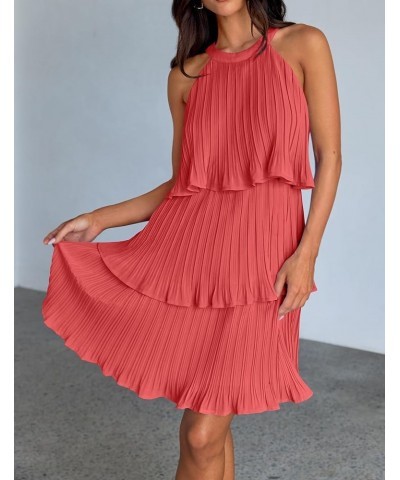 Women's 2024 Summer Halter Dresses Sleeveless Ruffle Tiered Layered Chiffon Pleated A Line Swing Mini Dress Coral $19.68 Dresses