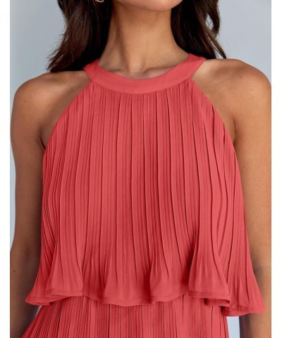 Women's 2024 Summer Halter Dresses Sleeveless Ruffle Tiered Layered Chiffon Pleated A Line Swing Mini Dress Coral $19.68 Dresses