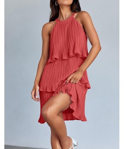 Women's 2024 Summer Halter Dresses Sleeveless Ruffle Tiered Layered Chiffon Pleated A Line Swing Mini Dress Coral $19.68 Dresses