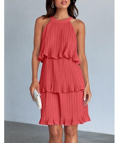 Women's 2024 Summer Halter Dresses Sleeveless Ruffle Tiered Layered Chiffon Pleated A Line Swing Mini Dress Coral $19.68 Dresses