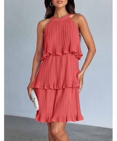 Women's 2024 Summer Halter Dresses Sleeveless Ruffle Tiered Layered Chiffon Pleated A Line Swing Mini Dress Coral $19.68 Dresses