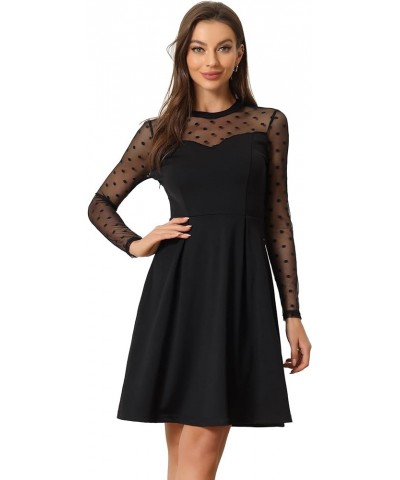 Party Dress for Women's Heart Mesh Sheer Sleeve Crew Neck Skater Short Dress Black-polka Dots $17.79 Dresses