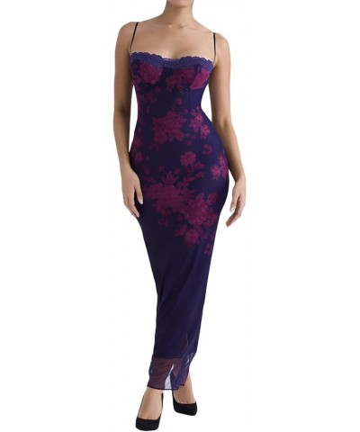 Women's Elegant Floral Maxi Dress Vintage Sleeveless Spaghetti Strap Bodycon Long Dress Sexy Summer Party Clubwear A- Purple ...