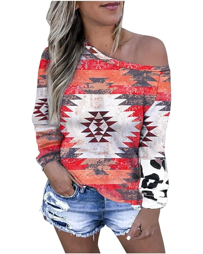 Fashion Tops for Women, Womens Western Aztec Leopard Print Off The Shoulder Long Sleeve T-Shirt Blouses Pullover Tees Red $5....