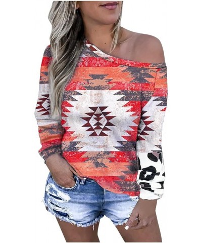 Fashion Tops for Women, Womens Western Aztec Leopard Print Off The Shoulder Long Sleeve T-Shirt Blouses Pullover Tees Red $5....