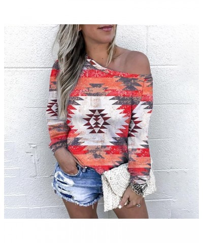 Fashion Tops for Women, Womens Western Aztec Leopard Print Off The Shoulder Long Sleeve T-Shirt Blouses Pullover Tees Red $5....