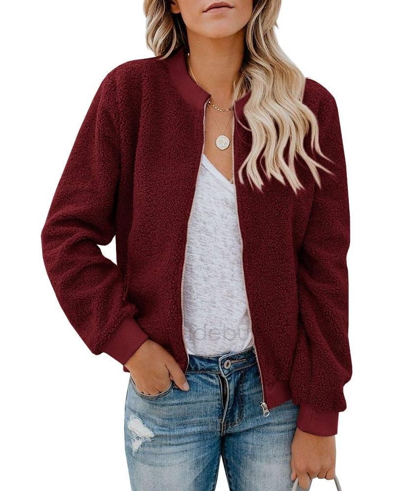 Women Fleece Fuzzy Jacket Long Sleeve Faux Sherpa Casual Zip Up Bomber Coat Pocket Wine Red $16.52 Jackets