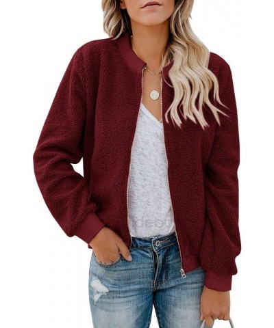 Women Fleece Fuzzy Jacket Long Sleeve Faux Sherpa Casual Zip Up Bomber Coat Pocket Wine Red $16.52 Jackets