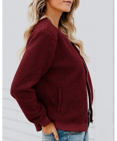 Women Fleece Fuzzy Jacket Long Sleeve Faux Sherpa Casual Zip Up Bomber Coat Pocket Wine Red $16.52 Jackets