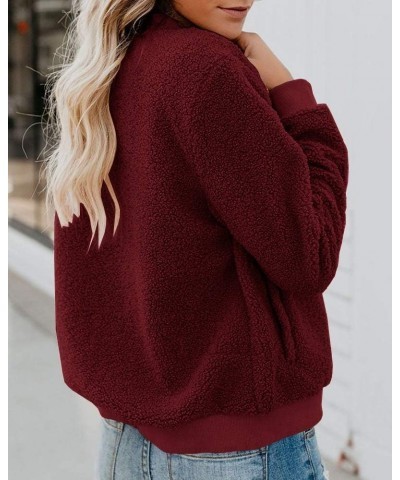 Women Fleece Fuzzy Jacket Long Sleeve Faux Sherpa Casual Zip Up Bomber Coat Pocket Wine Red $16.52 Jackets