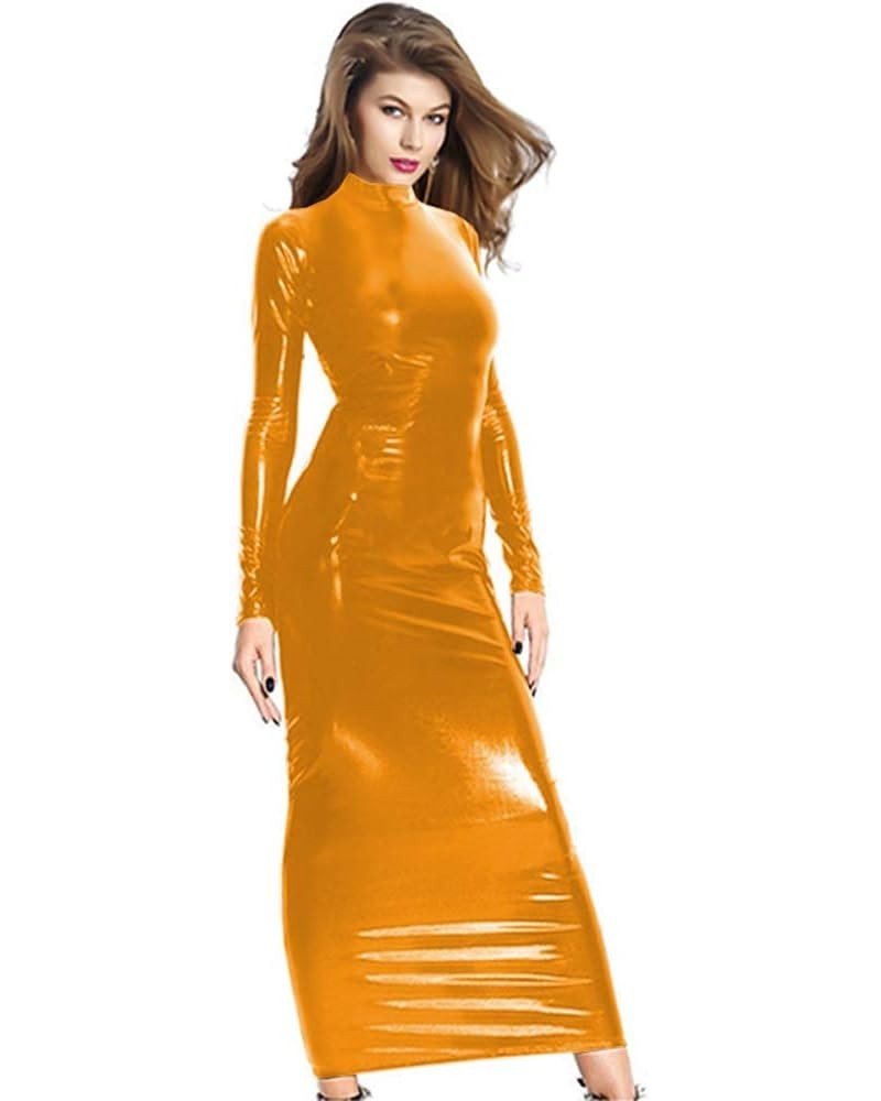 Faux Leather Bodycon Long Dress Women Long Sleeve Stretch Clubwear Gold $18.27 Dresses