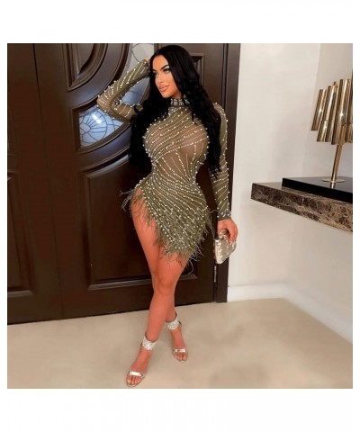 Women's Sexy Mesh Sheer Rhinestone Bodycon Mini Dresses Feather Long Sleeve Date Night Dress Birthday Outfits Green $26.40 Dr...