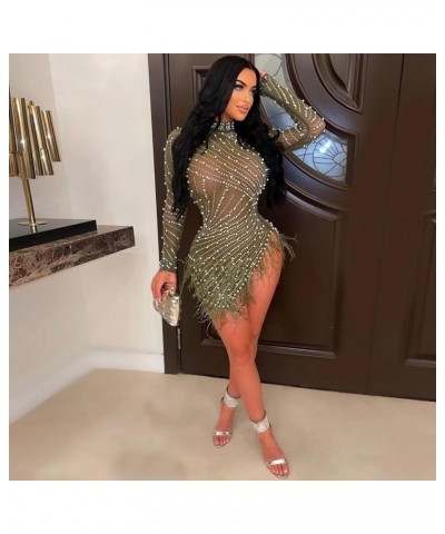 Women's Sexy Mesh Sheer Rhinestone Bodycon Mini Dresses Feather Long Sleeve Date Night Dress Birthday Outfits Green $26.40 Dr...