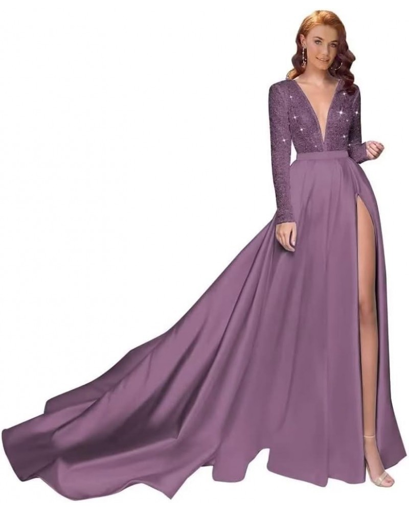 Long Sleeves Satin Prom Dresses for Women Long V-Neck Sparkly Sequin Ball Gown with Slit Formal Evening Gowns Mauve $31.50 Ot...