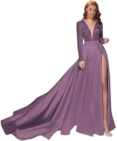 Long Sleeves Satin Prom Dresses for Women Long V-Neck Sparkly Sequin Ball Gown with Slit Formal Evening Gowns Mauve $31.50 Ot...