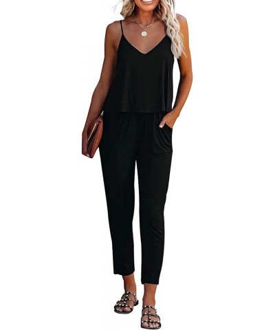 Women's Summer Casual Jumpsuits Wrap V Neck Sleeveless One Piece Pants Romper with Pockets Pure Black $24.93 Jumpsuits