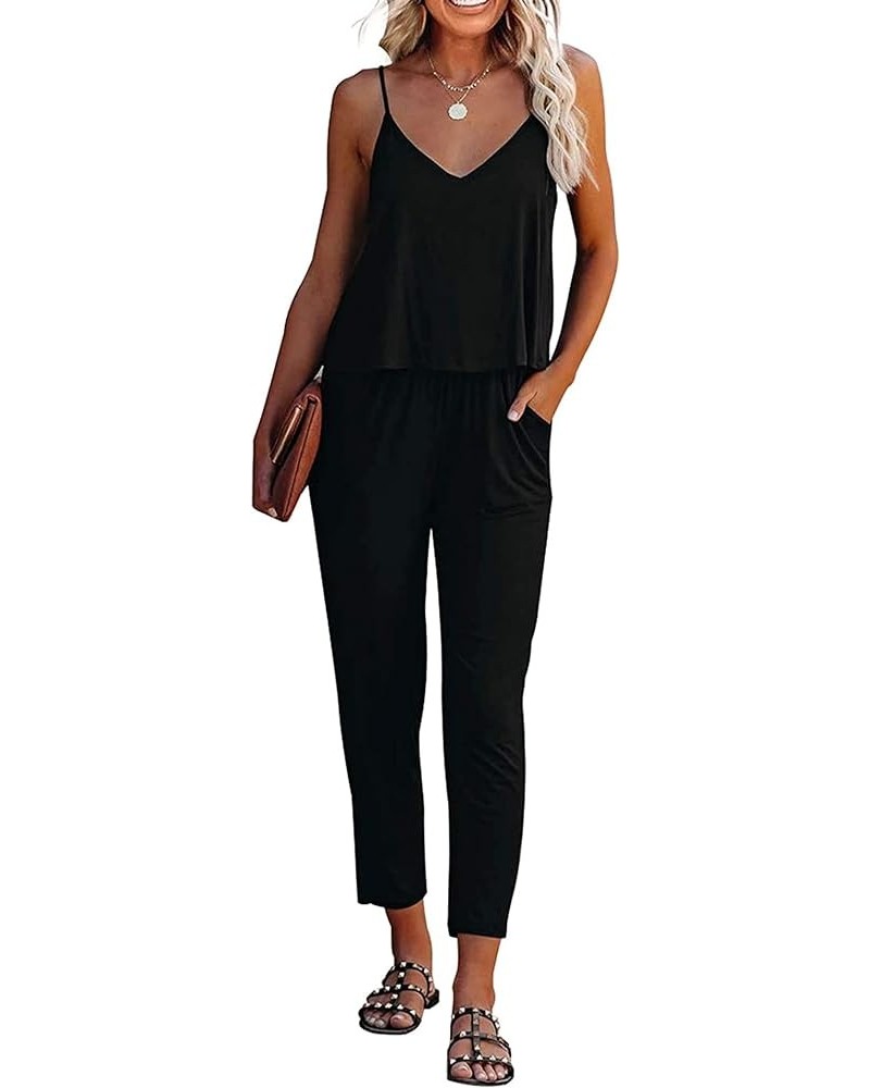 Women's Summer Casual Jumpsuits Wrap V Neck Sleeveless One Piece Pants Romper with Pockets Pure Black $24.93 Jumpsuits