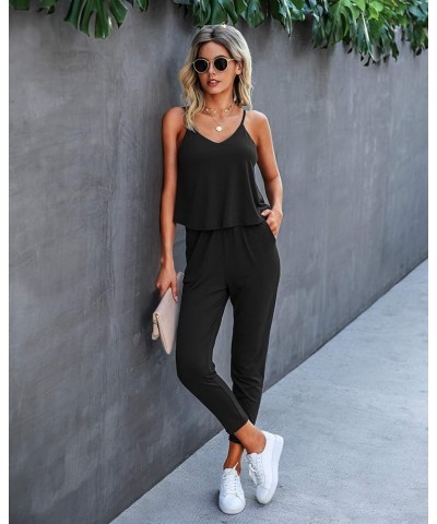 Women's Summer Casual Jumpsuits Wrap V Neck Sleeveless One Piece Pants Romper with Pockets Pure Black $24.93 Jumpsuits