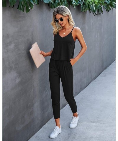 Women's Summer Casual Jumpsuits Wrap V Neck Sleeveless One Piece Pants Romper with Pockets Pure Black $24.93 Jumpsuits