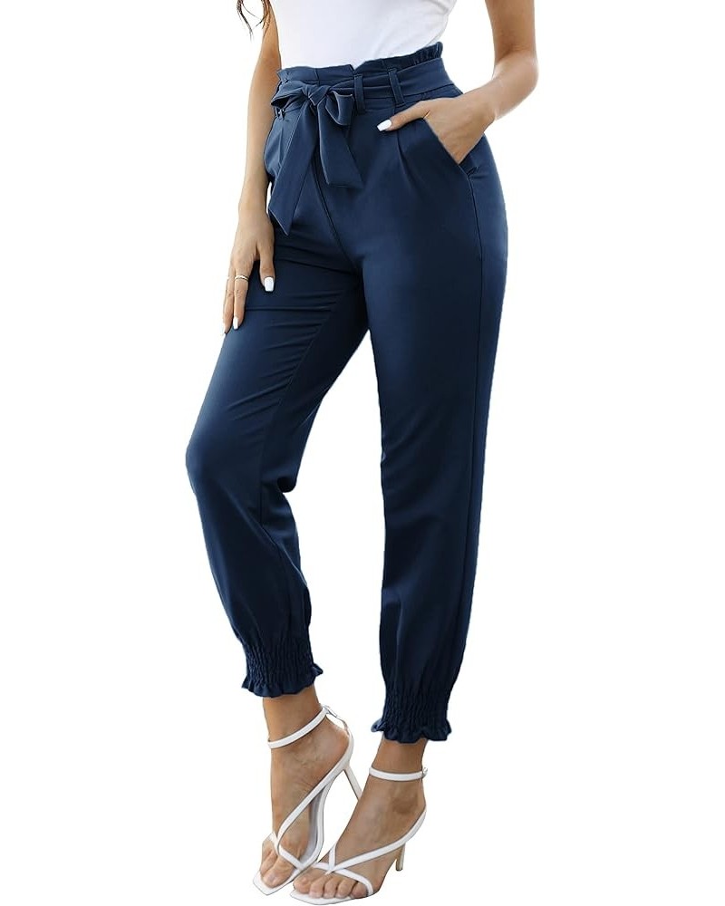 Womens Casual Pants Self Tie Bow-Knot Ankle Length Pencil Pants with Pockets 926navy Blue-long $18.70 Pants