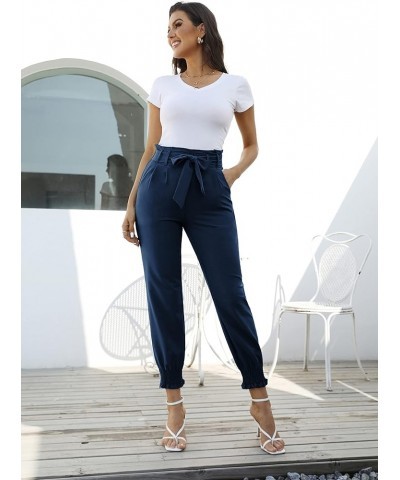 Womens Casual Pants Self Tie Bow-Knot Ankle Length Pencil Pants with Pockets 926navy Blue-long $18.70 Pants