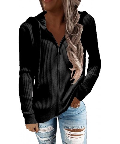 Womens Zip Up Ribbed Hoodie Knitwear Long Sleeve Loose Drawstring Sweaters Coat Fall Winter Sweatshirt Jacket Black $11.82 Ac...