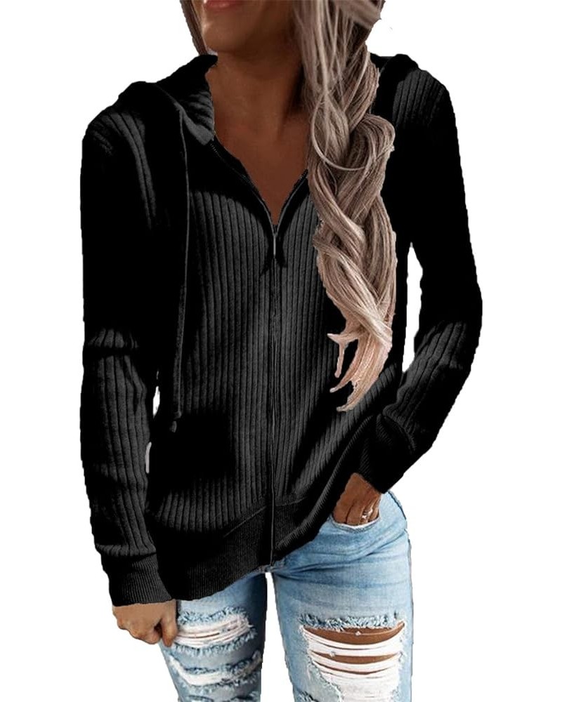 Womens Zip Up Ribbed Hoodie Knitwear Long Sleeve Loose Drawstring Sweaters Coat Fall Winter Sweatshirt Jacket Black $11.82 Ac...