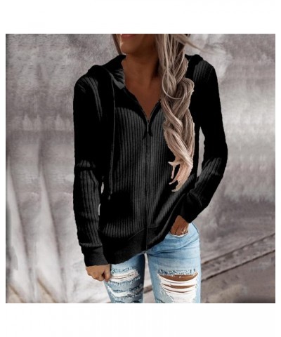 Womens Zip Up Ribbed Hoodie Knitwear Long Sleeve Loose Drawstring Sweaters Coat Fall Winter Sweatshirt Jacket Black $11.82 Ac...