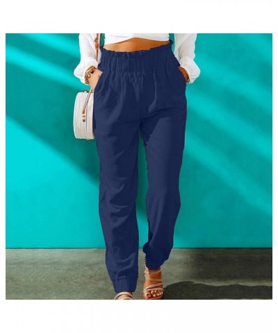 Women's Cargo Linen Pants Summer Casual High Waist Ruffle Pleated Jogger Pants Lightweight Stretchy Pants with Pocket 3dark B...